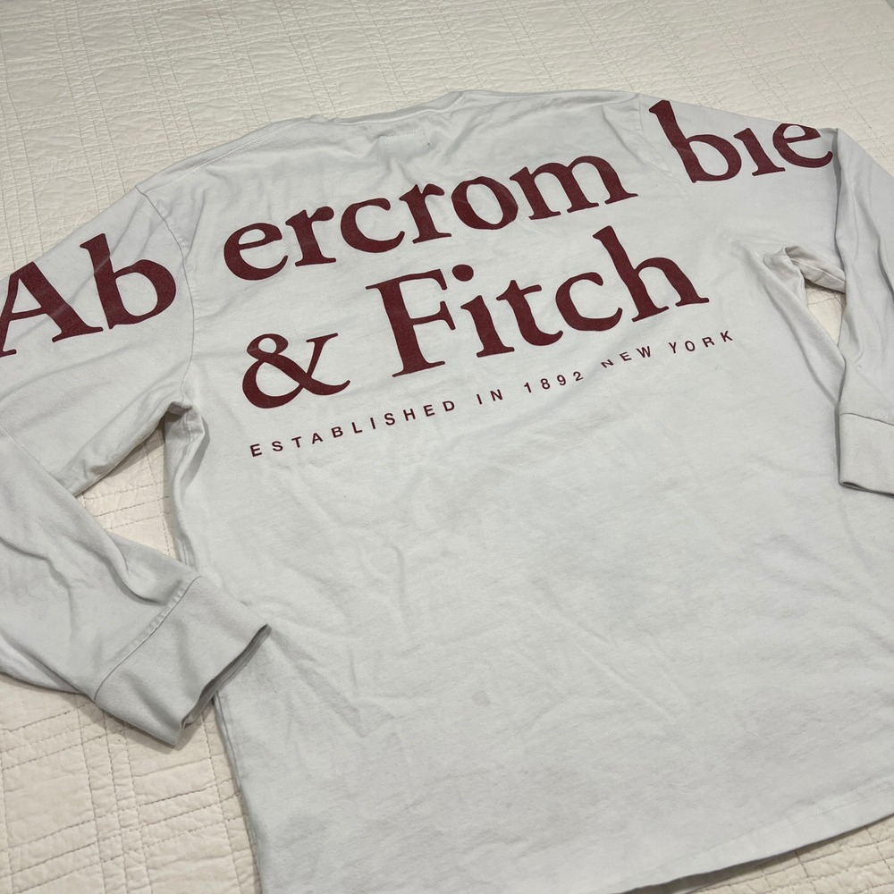 Abercrombie & Fitch Mens XXL White Long Sleeve Wrap Graphic Logo T-Shirt Vintage